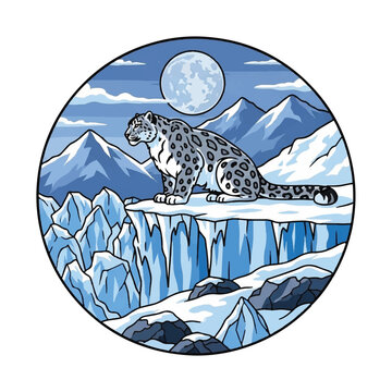 Snow leopard on ice cliff edge.