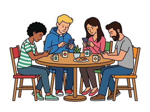 Group of Diverse Friends Sitting at Cafe Table Ignored Each Other Using Smartphones Vector Illustration