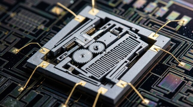 Macro view of a Micro-electromechanical system MEMS device featuring miniature interlocking gears, mechanical springs, and gold wire bonding on a complex semiconductor integrated circuit.