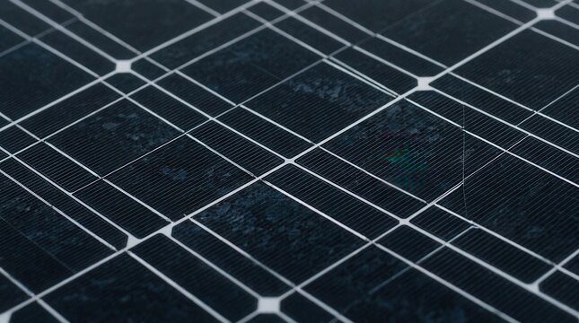 Close-up macro view of a photovoltaic solar panel surface showing the geometric grid of silicon cells with white contact points and fine linear textures of the energy collectors.