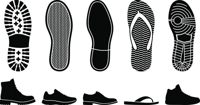 Shoe Sole Print and Footwear Silhouette Vector Icon Set with Boot Sneaker Dress Shoe Flip Flop and Athletic Sneaker Imprints