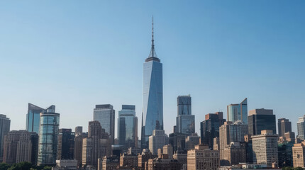 Obraz premium Modern city skyline with central glass tower and clear sky
