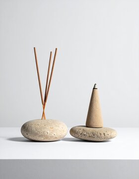 Two stone incense holders, one with sticks, other cone