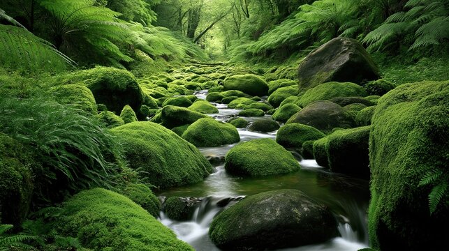 Calm clear mountain stream cascades over moss covered rounded boulders surrounded by dense lush green giant ferns in quiet temperate rainforest valley