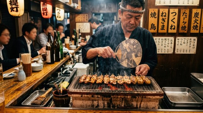 A Japanese yakitori grill with skewers of chicken thigh, scallion, and tsukune (meatballs) grilling over binchotan (white charcoal). The yakitori chef (yakitori-shi) fans the coals with an uchiwa fan.