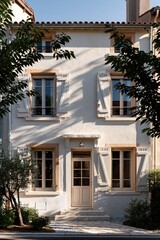 Fototapeta premium Sunlit facade of small two story classic european town house with light beige exterior and white shutters framed by trees on clear sunny day