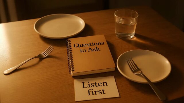 Warmly lit wooden table set for two with plates, forks, a glass, a spiral notebook titled "Questions to Ask" and a card reading "Listen first"