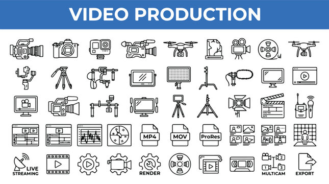 Video production 48 line icon set. Filmmaking, cinematography, professional camera, movie editing, studio equipment, drone, lighting, sound, media, broadcast, cinema, vlog. Editable stroke.