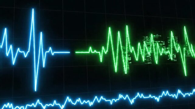 Vibrant glowing digital waveforms depicting sound visualization or data analysis on a dark high-tech screen, an abstract representation of energy and communication in a futuristic interface