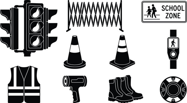 Traffic Control and Road Safety Equipment Vector Icon Set with Traffic Lights Safety Vest Cones and School Zone Crossing Symbols