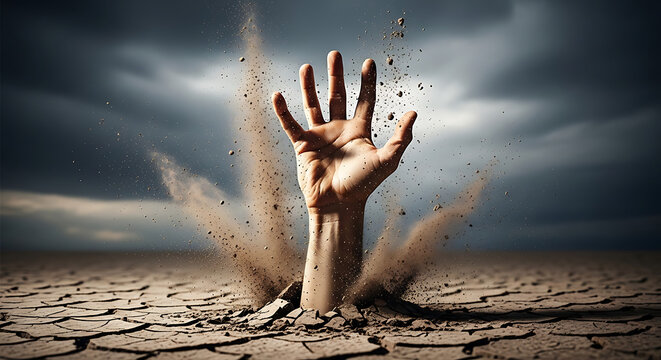 A hand emerges from cracked dry earth with dust exploding around it under a stormy sky with dark clouds