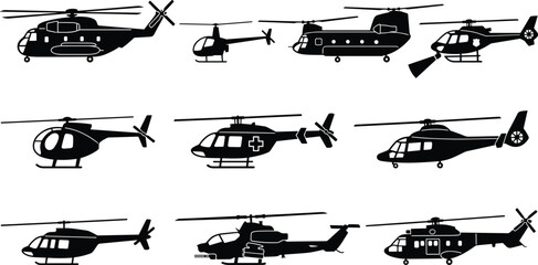 Military and Civilian Helicopter Silhouette Vector Set with Medical Air Ambulance, Cargo, and Attack Chopper Symbols Isolated on White Background © MSTSULTANA