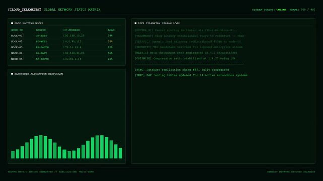 Cloud Telemetry Global Network Status Matrix Screen Displaying Live Stream Logs and Edge Routing Nodes Bandwidth Allocation Histogram.