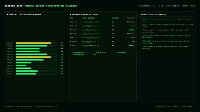 Kernel Thread Distribution Graphics Screen Showing Physical Core Utilization Matrix And Hardware Runtime Processes With Core Kernel Diagnostics.