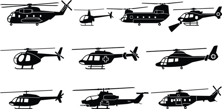 Military and Civilian Helicopter Silhouette Vector Set with Medical Air Ambulance, Cargo, and Attack Chopper Symbols Isolated on White Background