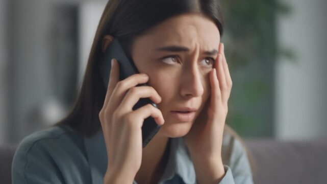 Emotionally distressed young woman with long dark hair holds a smartphone to her ear, listening to shocking news with a worried and distraught