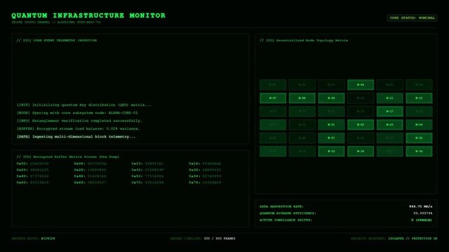 Quantum Infrastructure Monitor Terminal Displaying Decentralized Node Topology Matrix and Encrypted Buffer Stream Telemetry Ingestion Logs.