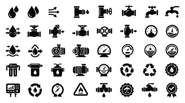 Water supply and plumbing 40 solid icon set. Piping, tap, faucet, valve, water pump, pressure gauge, filter, recycling, leak, utility, industrial engineering, irrigation