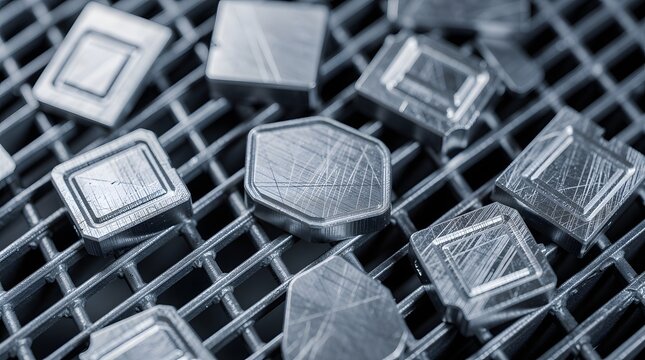 Metallic components rest on a heavy industrial steel grid within a metalworking factory.