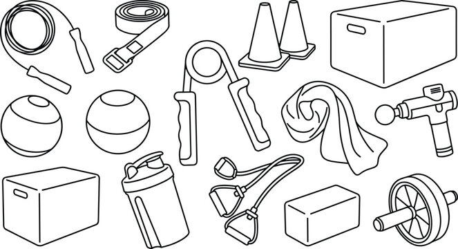 Functional Fitness and CrossFit Workout Equipment Line Icon Set with Jump Rope, Resistance Bands, Massage Gun, and Plyo Boxes Isolated on White Background