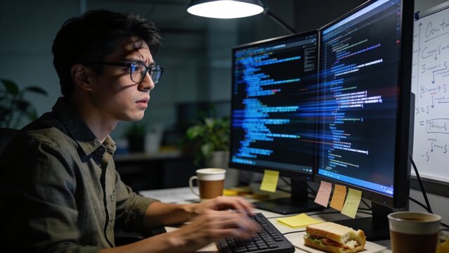 Focused Asian Software Developer Working Late on Complex Code at Night