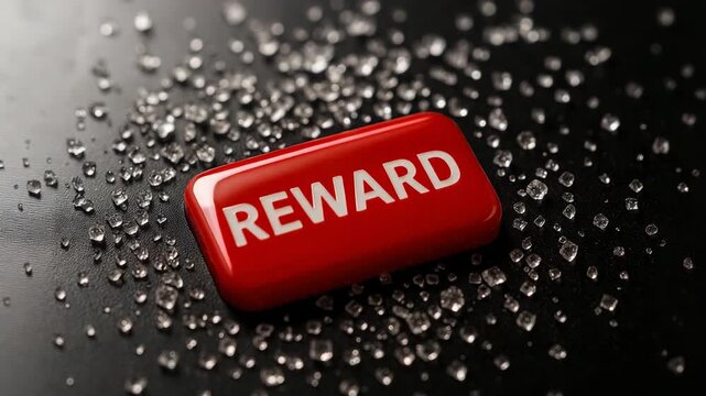 Shiny red Reward badge with white text surrounded by scattered sparkling crystals on a black studio background conveying luxury incentive and promotional concept