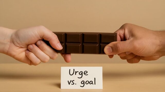 Two hands tugging a chocolate bar above a card reading "Urge vs goal", symbolizing temptation, willpower and decision conflict