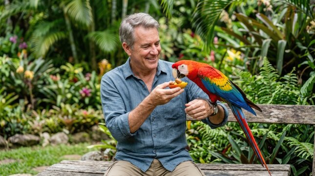 Smiling Middle Aged Man Feeding Colorful Macaw on Wooden Bench in Lush Tropical Garden