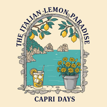 Vintage style graphic illustration of an arched window view titled Capri Days, featuring ripe lemons on branches, a cold iced cocktail, and yellow flowers overlooking the turquoise Italian sea.
