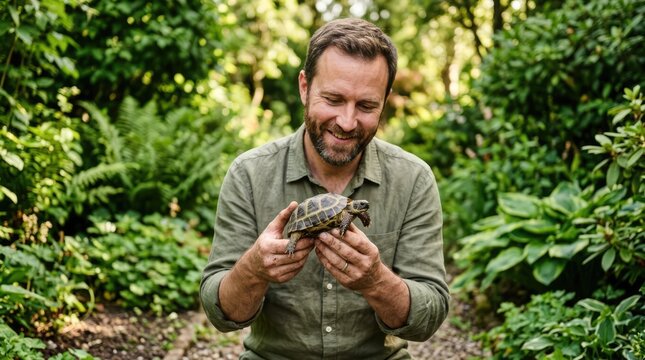 Smiling Bearded Man Holding Small Tortoise in Lush Garden Path