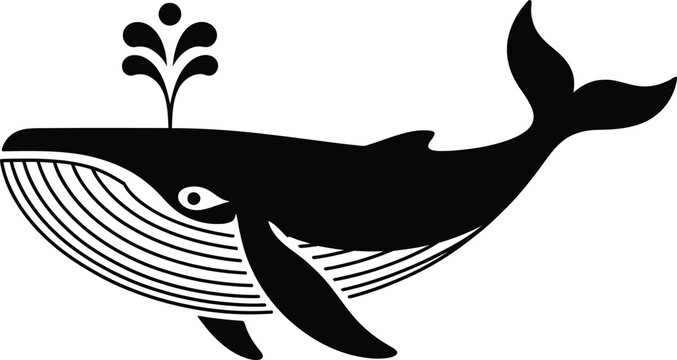 Black Whale Swimming with Water Splash Isolated on White