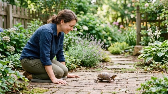 Curious Young Woman Kneeling Beside Small Turtle on Brick Garden Path