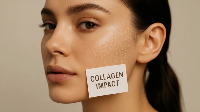 Close-up portrait of a woman with glowing dewy skin, cheek glitter and a sticker reading "Collagen Impact" highlighting a collagen skincare concept