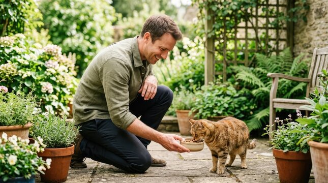 Smiling Young Man Feeding Ginger Cat on Lush Garden Patio