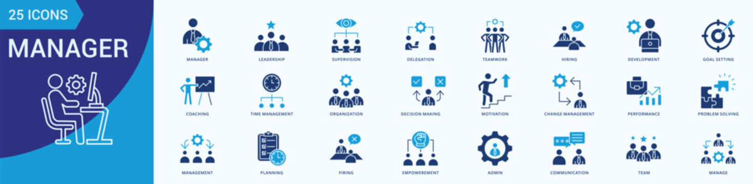 Manager Icon Set Illustration Vector Flat Blue Style with manager, leadership, supervision, delegation, teamwork, hiring, development, goal setting,  