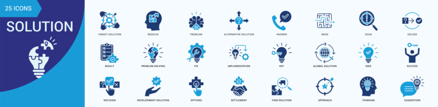 Solution Icon Set Illustration Vector Flat Blue Style with target solution, resolve, problem, alternative solution, answer, maze, issue
