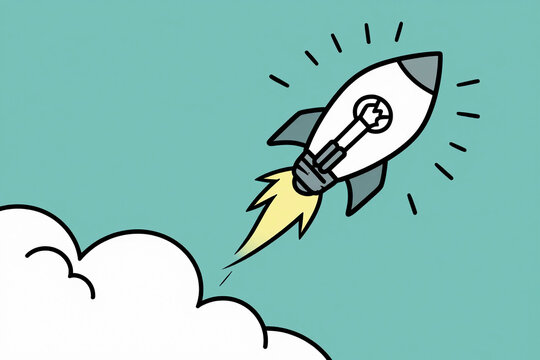 Idea light bulb flying to the sky like a rocket - Flat lay.