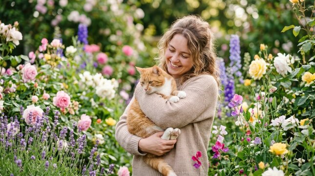 Smiling Young Woman Holding Orange Cat in Colorful Blooming Garden