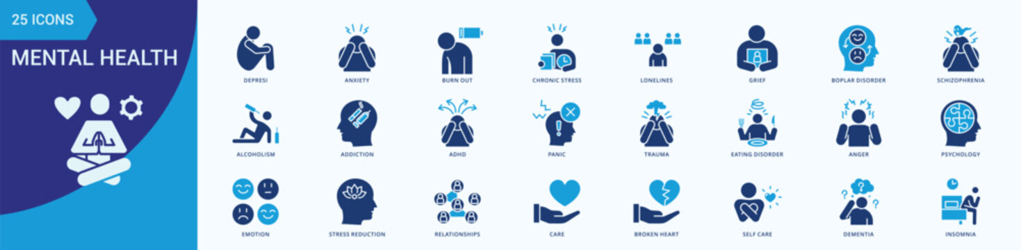 Mental Health Icon Set Illustration Vector Flat Blue Style with depression, anxiety, burn out, chronic stress, loneliness, grief, bipolar disorder