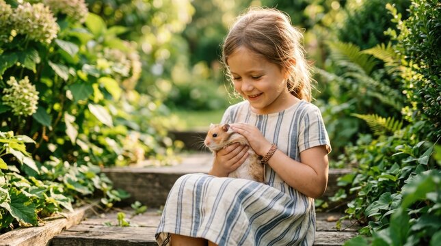 Happy Young Girl Holding Pet Hamster While Sitting on Garden Path