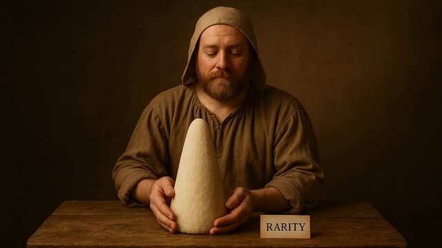 Rustic man in medieval clothing holding a cone-shaped cheese on a wooden table labeled "Rarity"