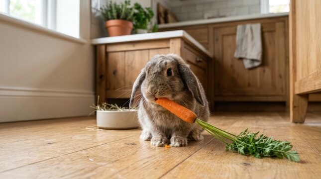 Cute Gray Lop Eared Rabbit Eating Carrot on Wooden Kitchen Floor