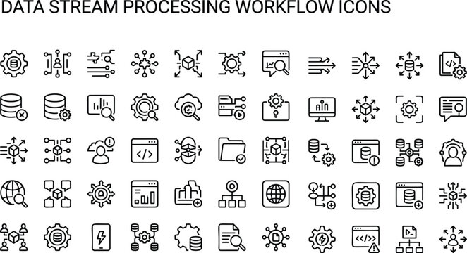 Data stream processing workflow icon set in minimal outline style for real time analytics, pipelines, and software interface design
