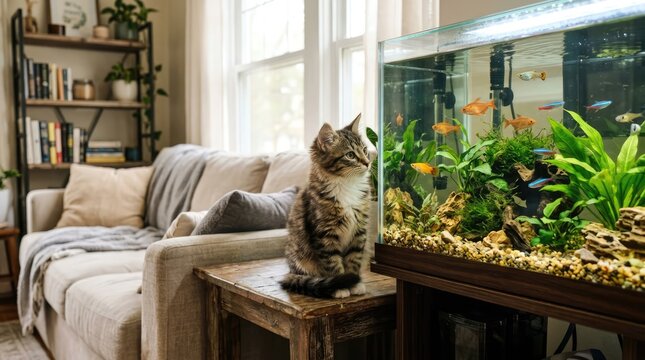 Curious Tabby Kitten Sitting Beside Home Aquarium in Cozy Sunlit Living Room