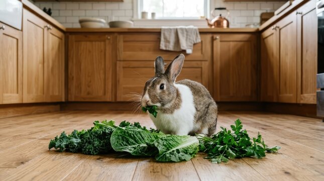 Cute Domestic Rabbit Eating Leafy Greens on Wooden Kitchen Floor