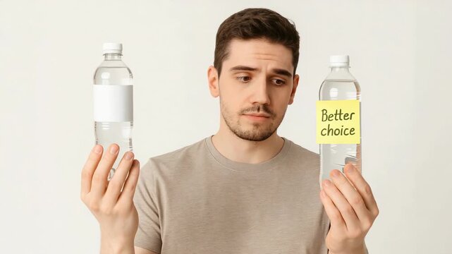 Young man comparing two water bottles, evaluating labels and choosing the better option