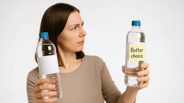 Woman comparing two bottled water options, holding a bottle labeled "Better choice" while deciding between clear plastic bottles
