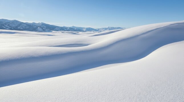 Vast winter landscape featuring smooth undulating snowdrifts and fine powdery texture under a clear blue sky with a distant mountain range and soft shadows on the white terrain.