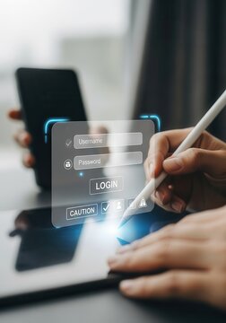 Cyber Security Concept with Person Logging into Secure Account on Tablet using Stylus and Holographic Interface