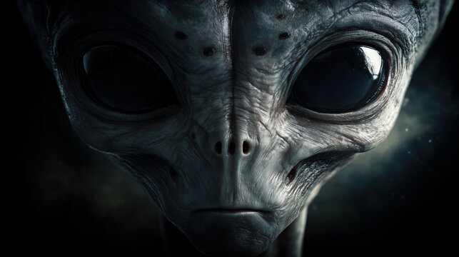 Large Black-Eyed Alien Portrait in Military Containment Setting